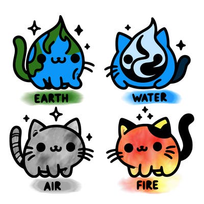 4 cats that represent the different elements, earth, water, air, and fire