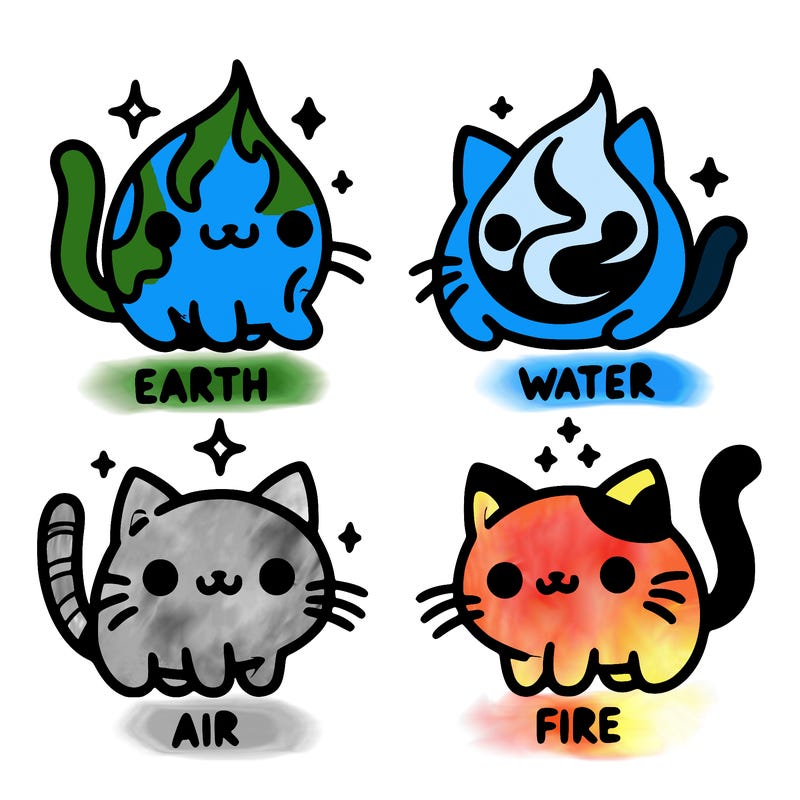 4 cats that represent the different elements, earth, water, air, and fire