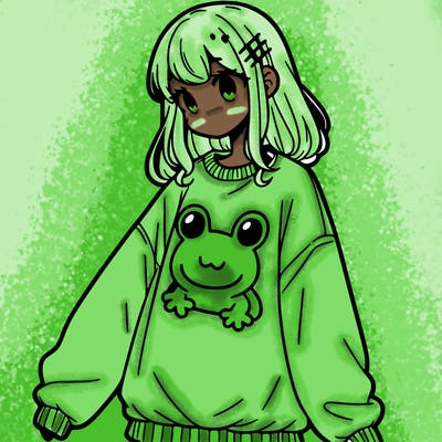 girl wearing frogging sweatshirt