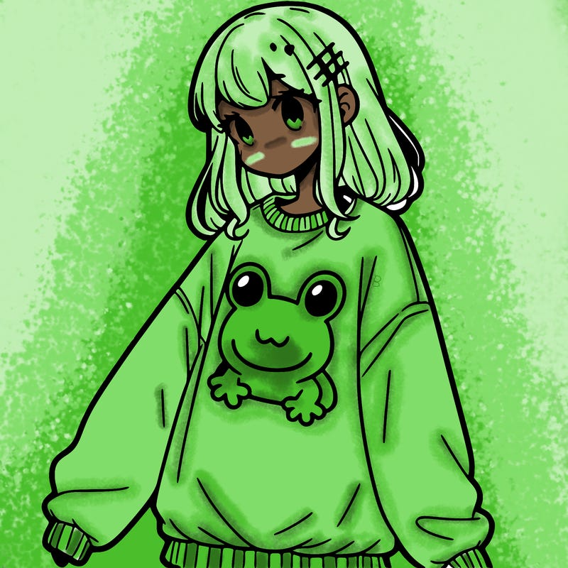 girl wearing frogging sweatshirt