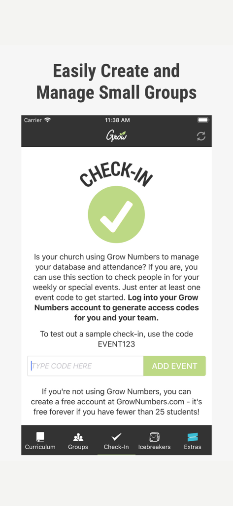 A mobile screen from the Grow Youth and Kids Ministry app showing the student check-in and attendance tracking interface