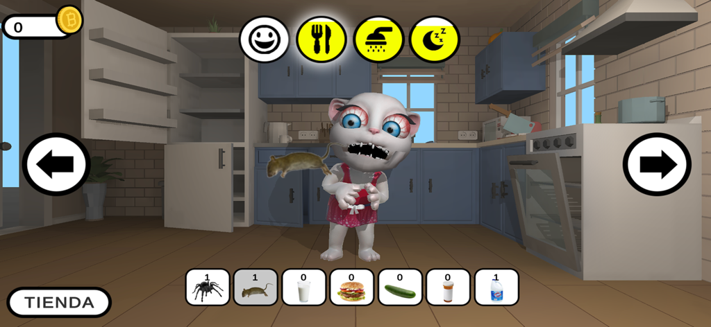 Creepy Maria cat with bloodshot eyes holding a rat in a kitchen simulation game