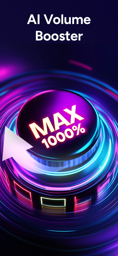 Volume Booster Bass Booster - Interfaccia dell'app AI Volume Booster con un quadrante al neon impostato al massimo volume del 1000%.