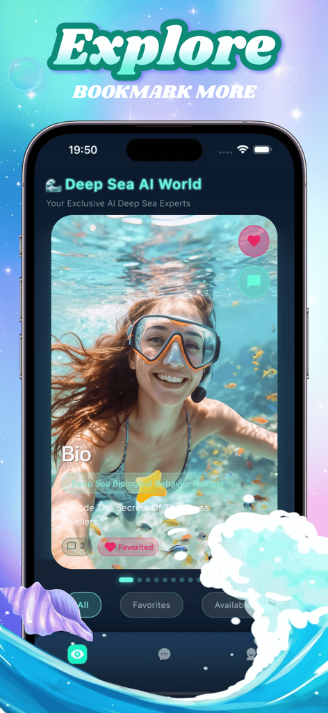 Onix - Fun & Happy - Smartphone screen displaying the Onix app interface with a woman snorkeling in a deep sea AI world