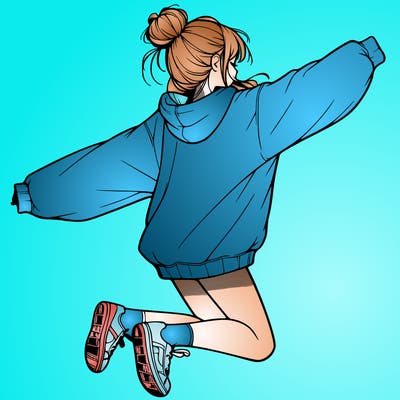 realistic girl jumping with a bun and oversized sweatshirt