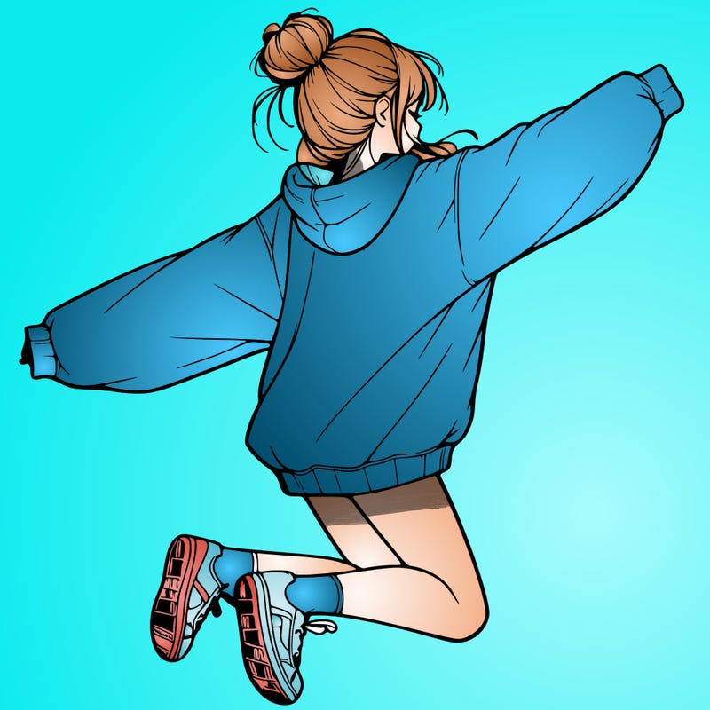 realistic girl jumping with a bun and oversized sweatshirt
