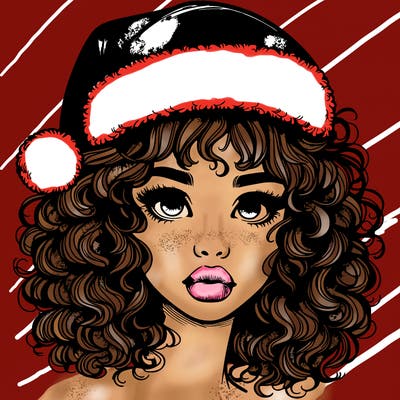 realistic girl with a santa hat curly hair and lips