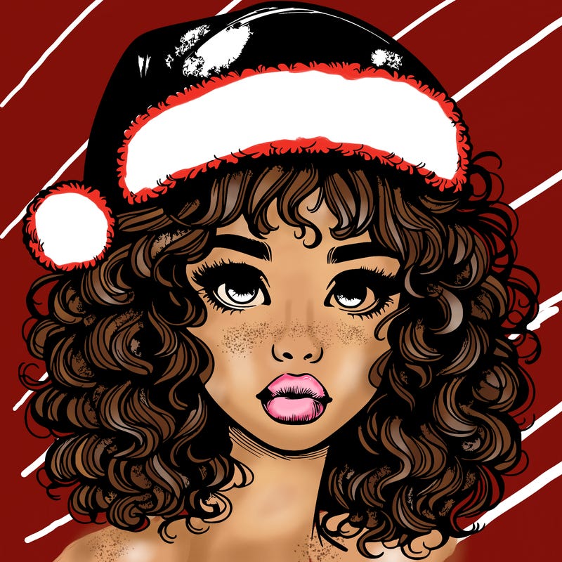 realistic girl with a santa hat curly hair and lips