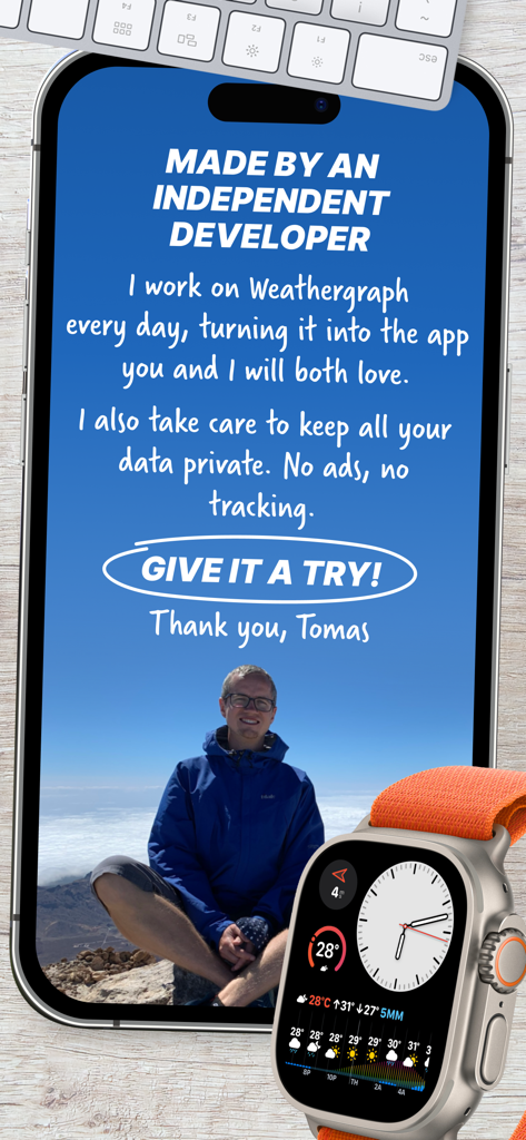 An iPhone screen featuring developer Tomas Kafka with a message about privacy and zero tracking alongside an Apple Watch Ultra showing a weather graph.