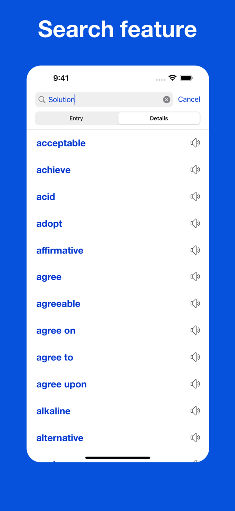 Search feature interface of the Dictionary of Collocations app showing a word list with pronunciation icons.