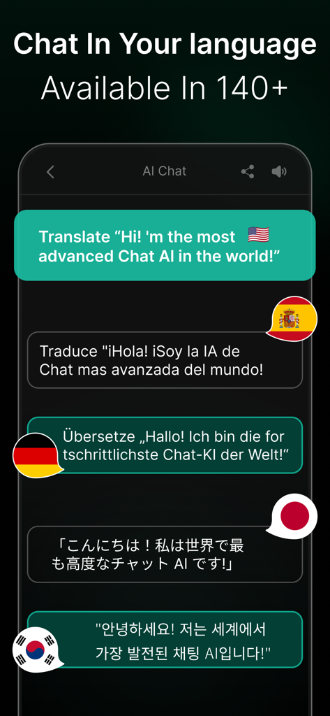 Chat AI app interface demonstrating multi language support and translation features