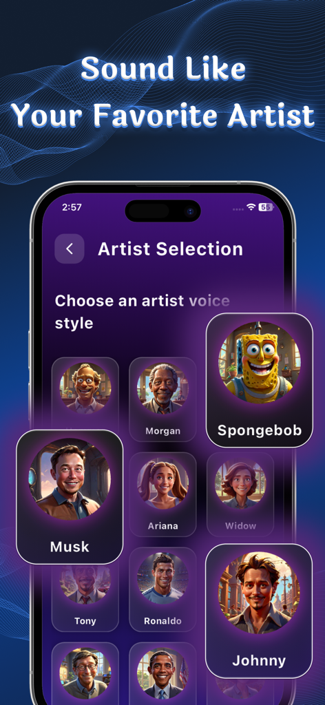 Voice Changer - Sound Effects⁺ - Selection screen for the Voice Changer app featuring AI voice profiles of celebrities and cartoon characters like Spongebob and Elon Musk