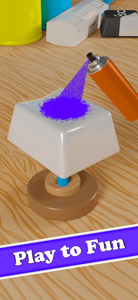 Keyboard Art Painting Master - A white keyboard key being spray-painted purple in a 3D DIY simulation game