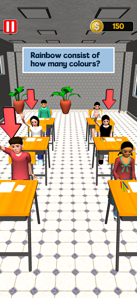 Paper Pass Fail Teacher Game - A classroom simulation scene where students raise their hands to answer a question about rainbow colors