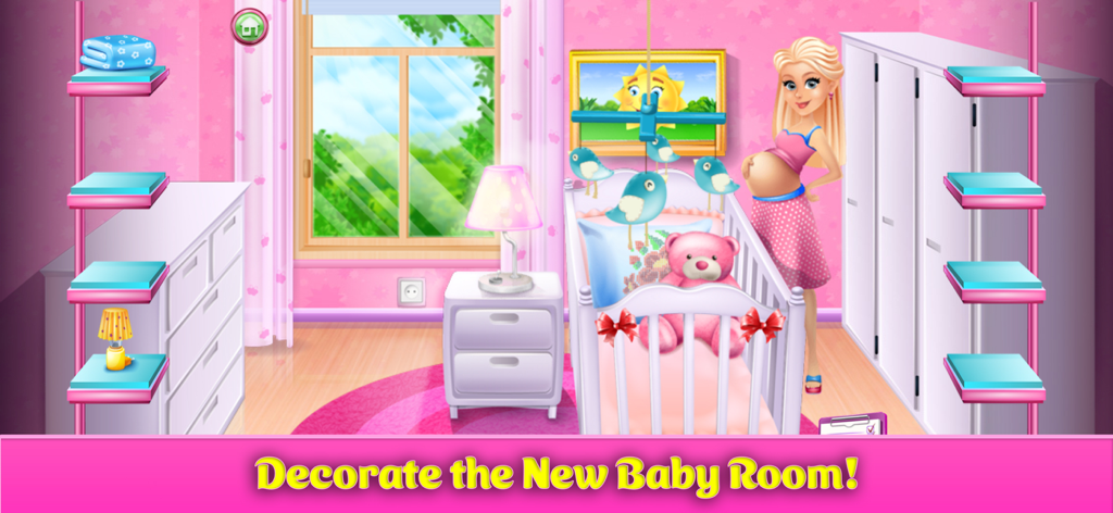Mommy & Baby Games: Newborn - Eine schwangere Frau steht neben einem Babybett in einem rosa dekorierten Kinderzimmer.