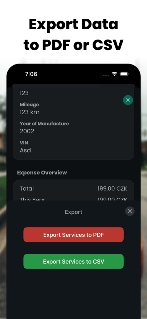 Car Maintenance: ServiceLog - Screen showing options to export car service history to PDF or CSV in the ServiceLog app