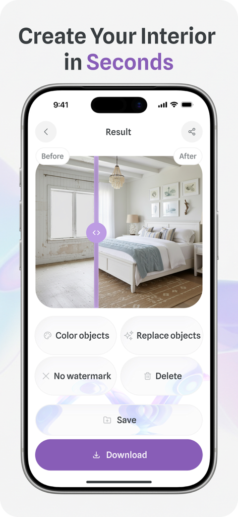 AI Home Design - ReRoomy - Ein mobiler App-Screenshot, der einen Vorher-Nachher-Vergleich eines von KI generierten Schlafzimmer-Innenraumdesigns zeigt