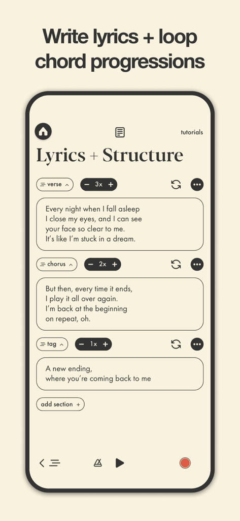 Interface of a songwriting app showing lyrics organized into verse and chorus sections
