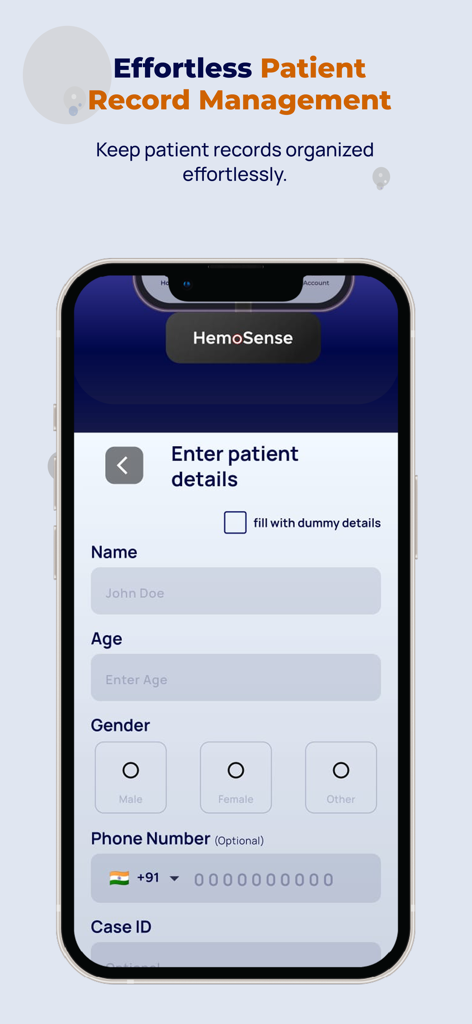 Hemosense - A smartphone screen from the Hemosense app showing a form to enter patient details including name age gender and phone number