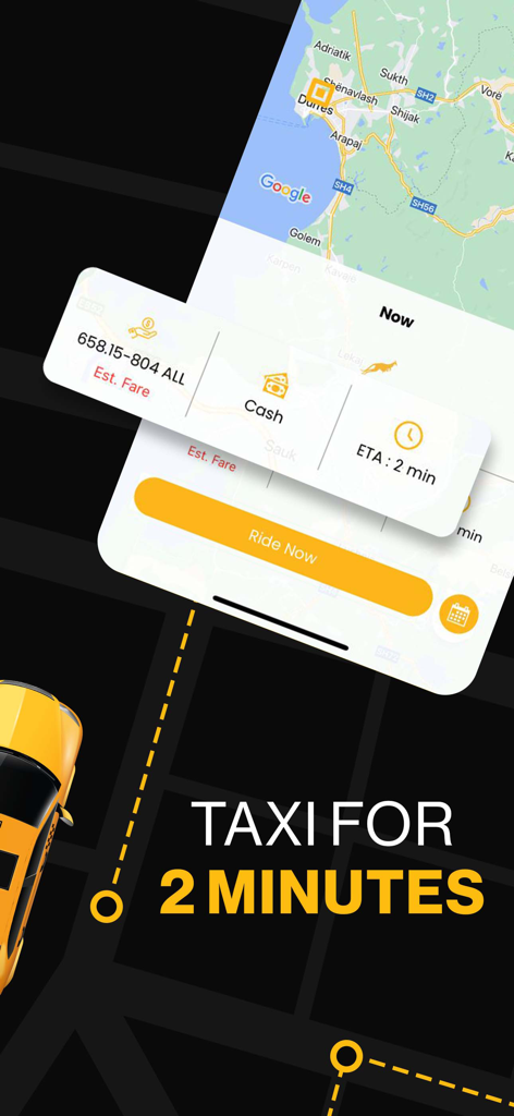 Speed Taxi Albania - Speed Taxi Albania app interface showing estimated fare and taxi arrival time in 2 minutes