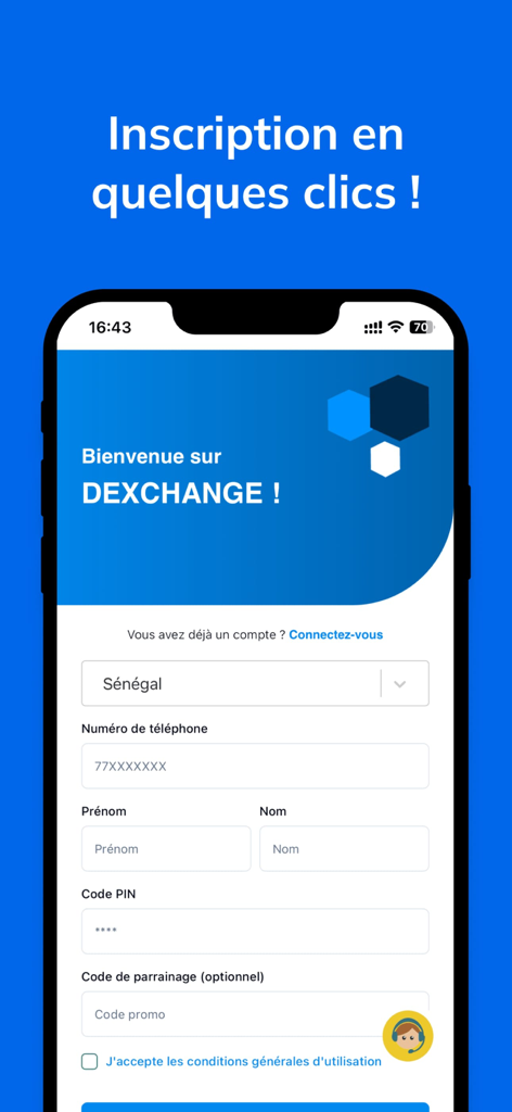 Tela de registro do aplicativo móvel Dexchange mostrando o formulário de inscrição para usuários no Senegal