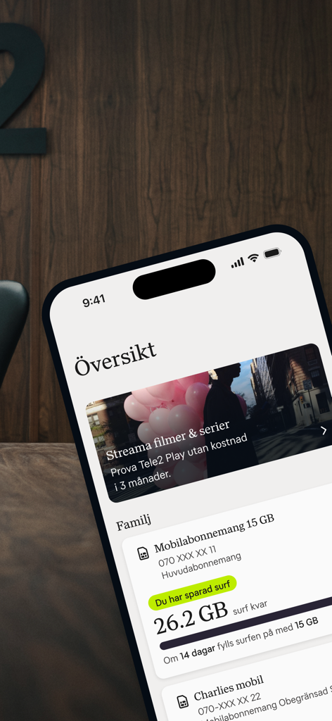 Una pantalla de smartphone mostrando la vista general de la app Mitt Tele2 con información de uso de datos y suscripción