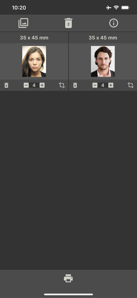 Photo Printing - Interfaz de la aplicación de impresión de fotos que muestra dos fotos de retrato configuradas en tamaño de 35x45 mm para impresión de pasaportes o documentos de identidad.