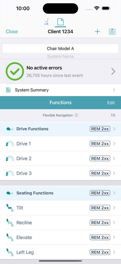 LiNX Access app screen showing drive and seating function settings for a power wheelchair
