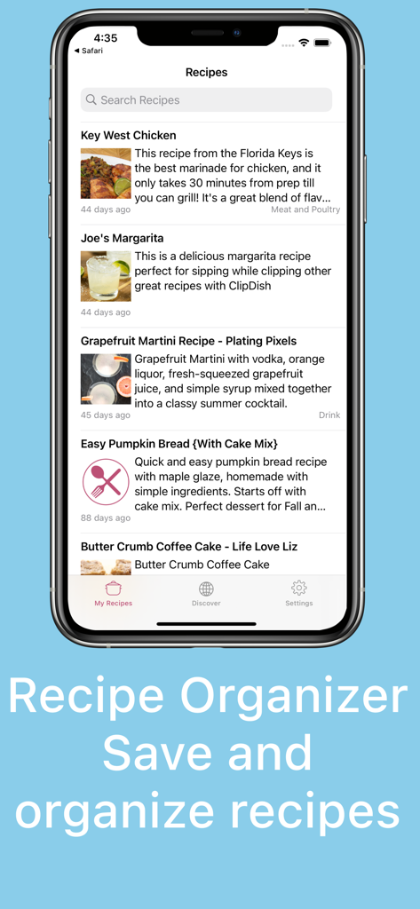 Recipe Box Cookbook: ClipDish - iPhone-Bildschirm mit der ClipDish Rezeptbox-App mit einer Liste gespeicherter Rezepte und Beschreibungen.