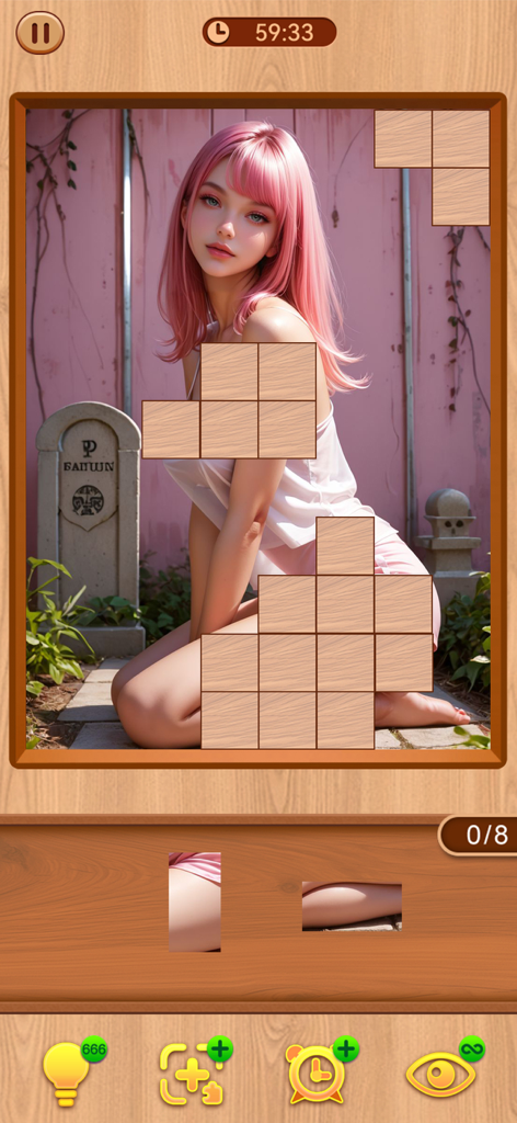 Una captura de pantalla del juego Block Jigsaw Girl que muestra un rompecabezas de una chica de pelo rosa