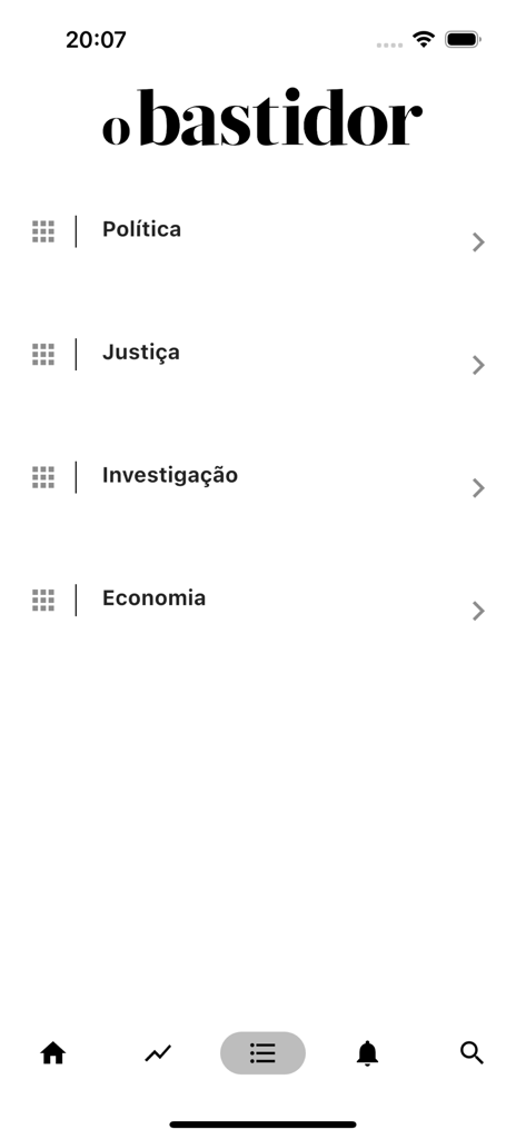 Menu do aplicativo O Bastidor mostrando categorias de notícias para Política, Justiça, Investigação e Economia