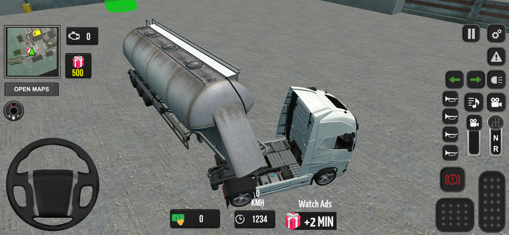Top down view of a white semi truck with a silver tanker trailer in a driving simulator game