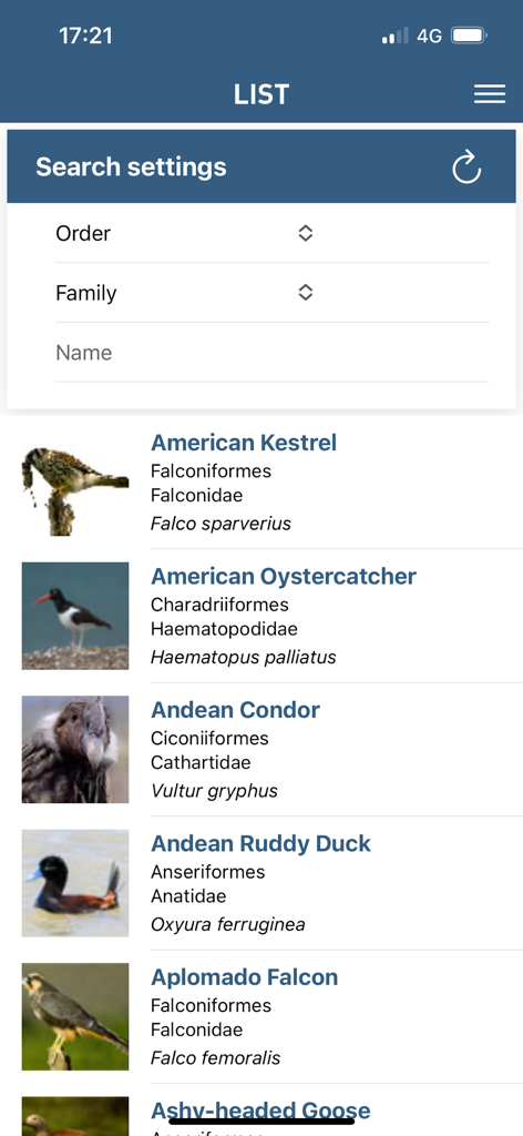Birds of Patagonia - Mobile app interface showing a searchable list of Patagonian bird species with photos and scientific names.