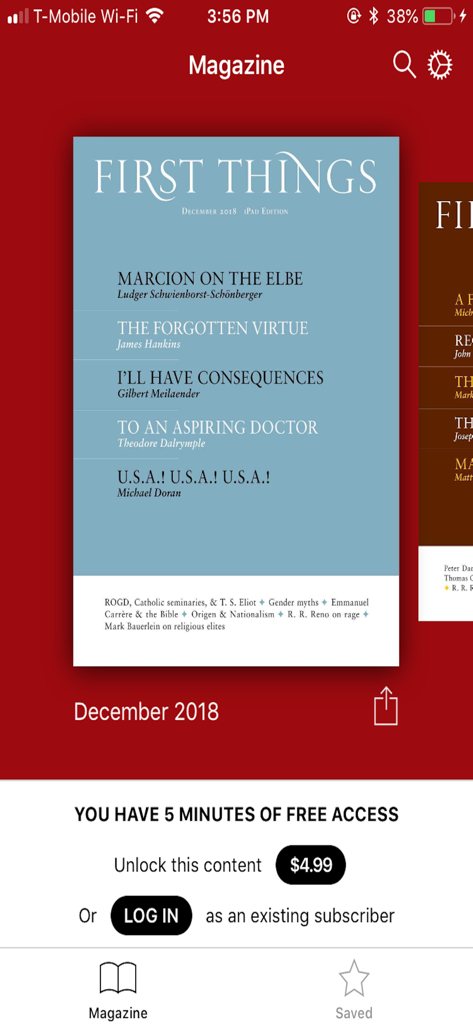 First Things - First Things app interface showing the December 2018 magazine issue cover and subscription options.