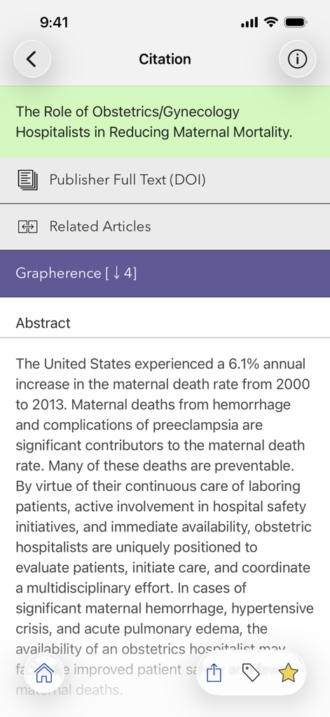 SOGH: OB/GYN Resource Center - Captura de pantalla de la aplicación SOGH OBGYN Resource Center que muestra una cita y un resumen de un artículo sobre mortalidad materna.