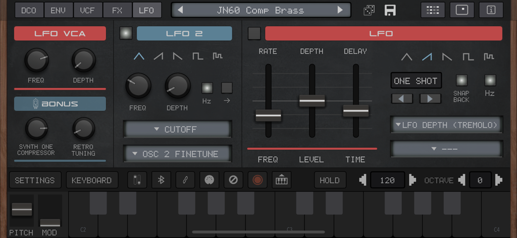 The user interface of AudioKit Synth One J6 featuring LFO controls and a virtual piano keyboard