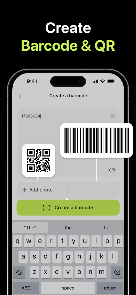 Barcode & QR Code: Scanner App - Pantalla de un teléfono inteligente que muestra la herramienta para generar códigos de barras y QR personalizados a partir de la entrada de texto