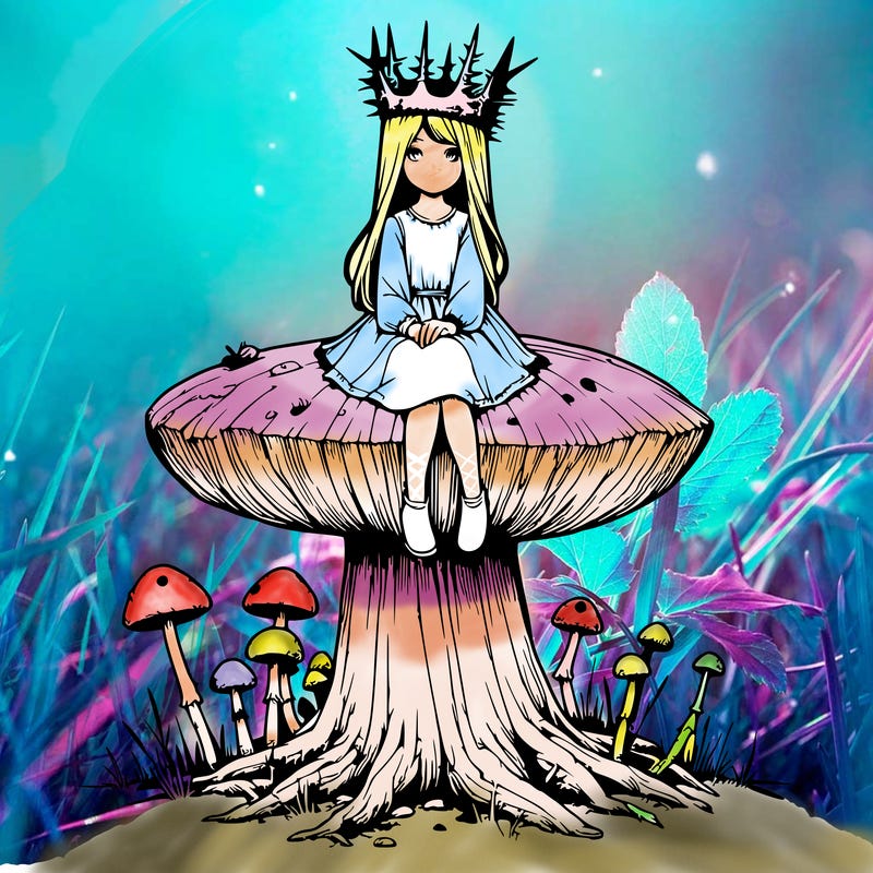 realistic girl sitting on a huge tree stump size toadstool with thorn crown
