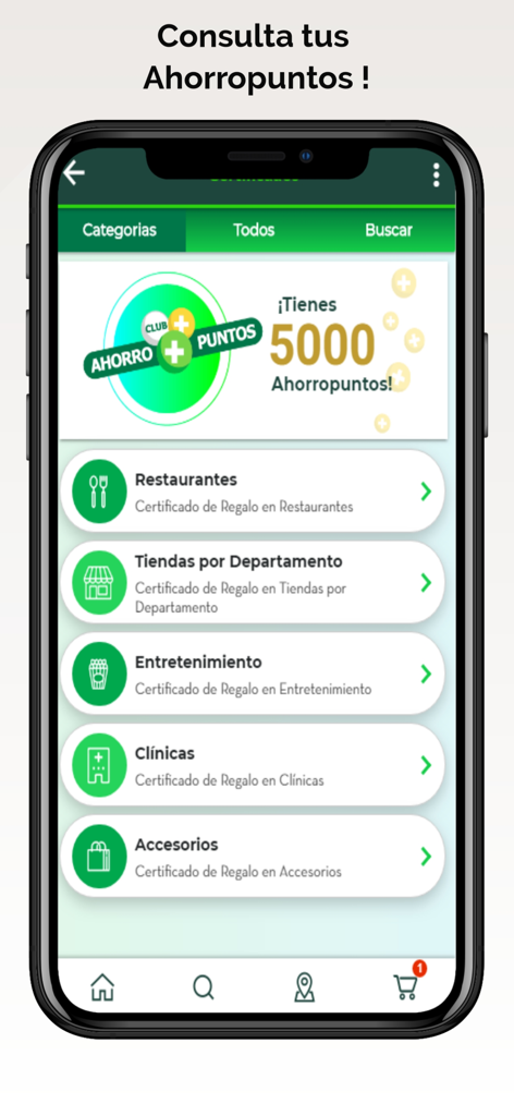 Farmacias del Ahorro Honduras - Farmacias del Ahorroアプリでロイヤルティポイント残高と特典カテゴリーを表示するモバイル画面。