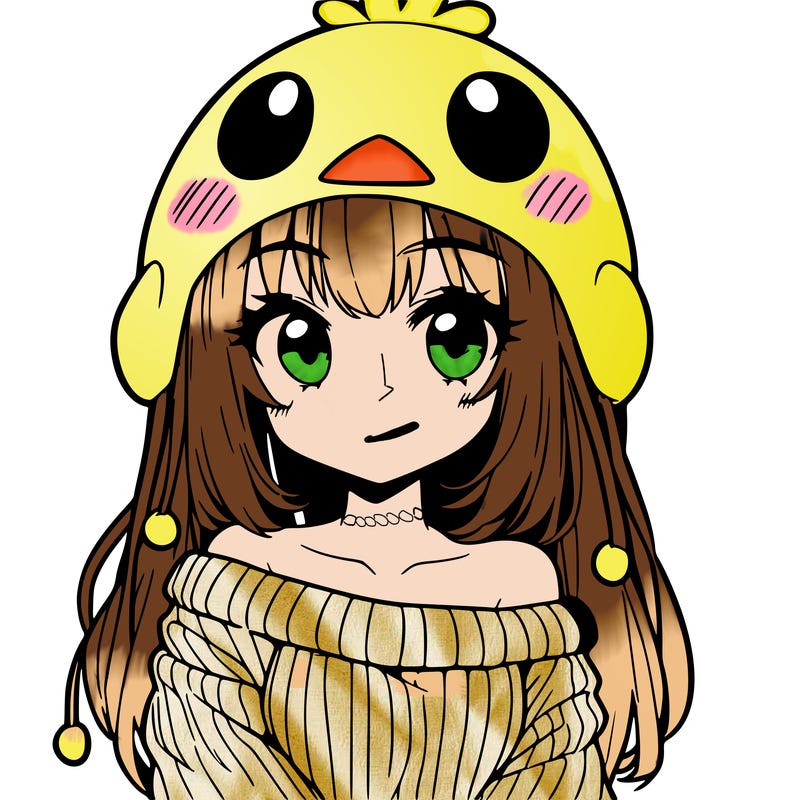 anime girl with chick shaped hat with sweater with bare shoulders with bangs covering them one eye with low tail