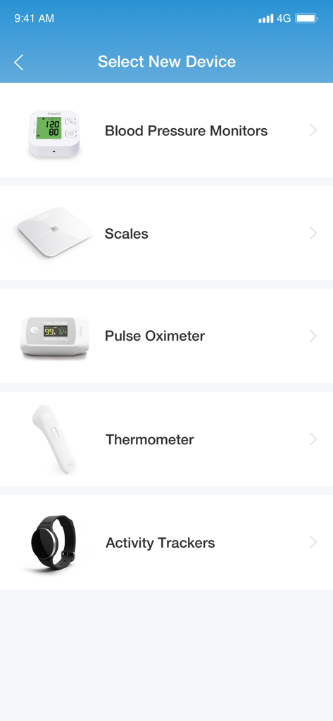 La schermata di selezione del dispositivo nell'app iHealth MyVitals per selezionare nuovi dispositivi sanitari come misuratori di pressione sanguigna e bilance.