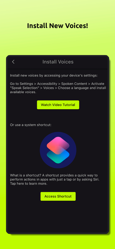 Schermata che mostra le istruzioni per installare nuove voci utilizzando le impostazioni del dispositivo o un collegamento di sistema
