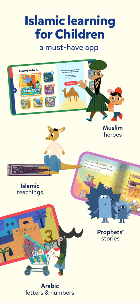 Promotional screen for Miraj app highlighting Islamic teachings stories of the Prophets and Arabic lessons for children
