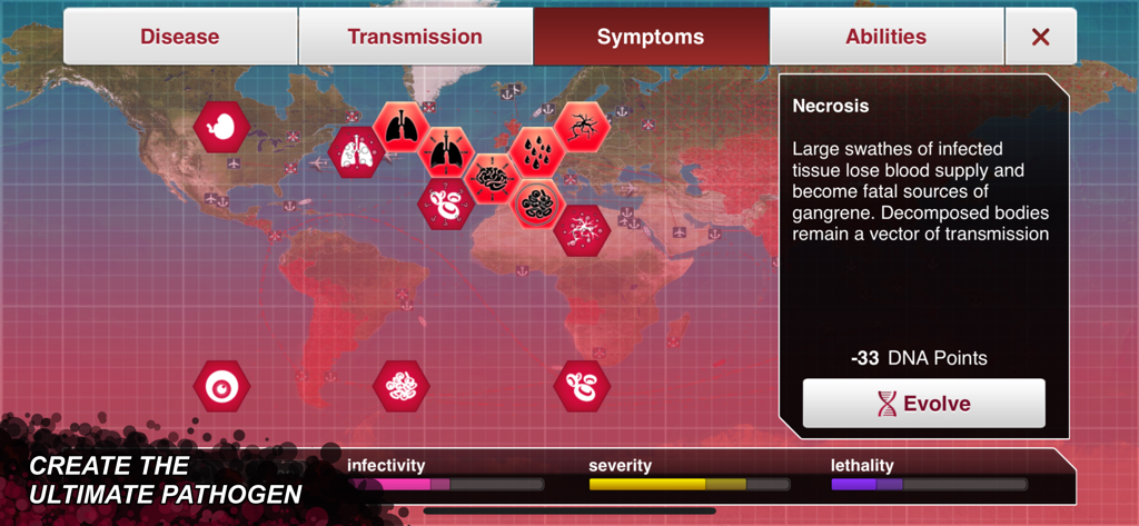 Captura de pantalla del menú de síntomas en Plague Inc mostrando la evolución del rasgo de necrosis y el fondo del mapa mundial