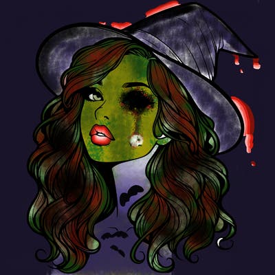 realistic witch girl with wavy hair and lips