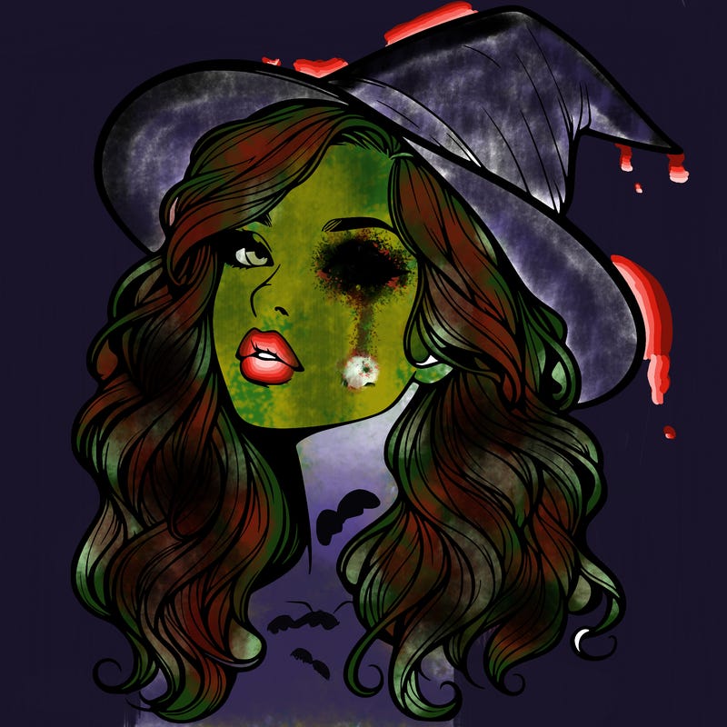 realistic witch girl with wavy hair and lips