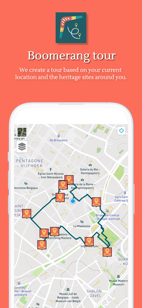 Heritage App - ブリュッセルにあるヘリテージサイトマーカー付きのブーメランツアールートを表示するヘリテージアプリのモバイルマップインターフェース
