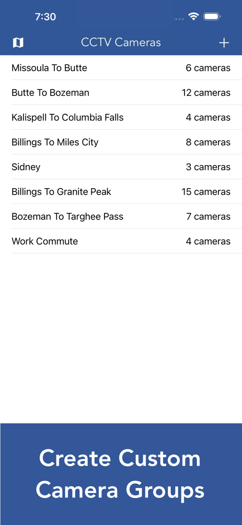 Interface of the Montana 511 app showing a list of custom traffic camera groups for various state routes and commutes.