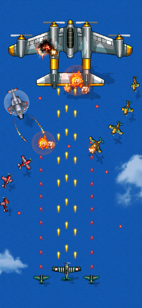 1942 Classic Arcade - Retro pixel art gameplay of 1942 Classic Arcade showing a WWII airplane boss battle over the ocean