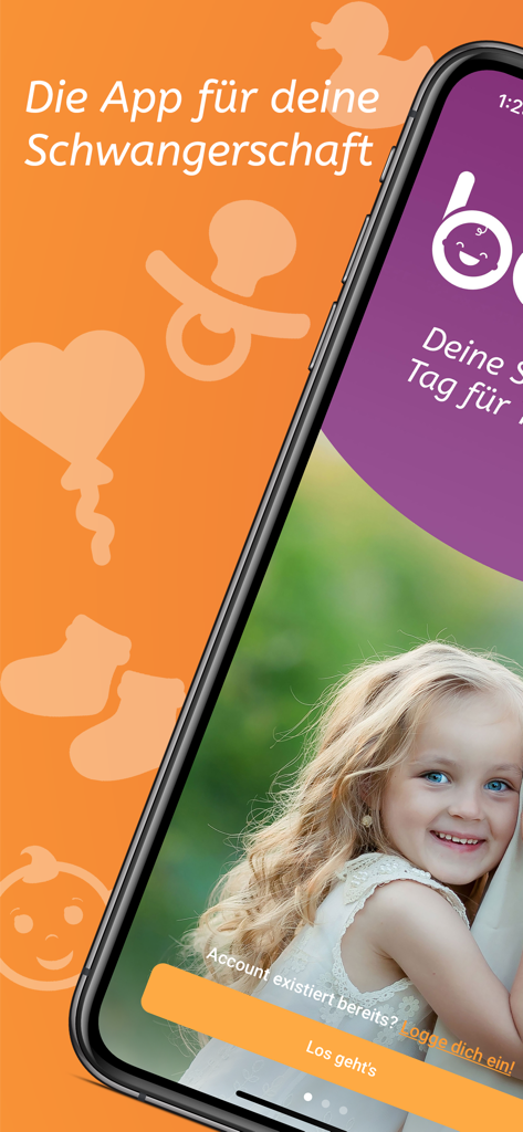Babelli Schwangerschafts App - Babelli妊娠アプリのウェルカム画面。オレンジ色の背景に笑顔の女の子と赤ちゃんのアイコンが表示されています。